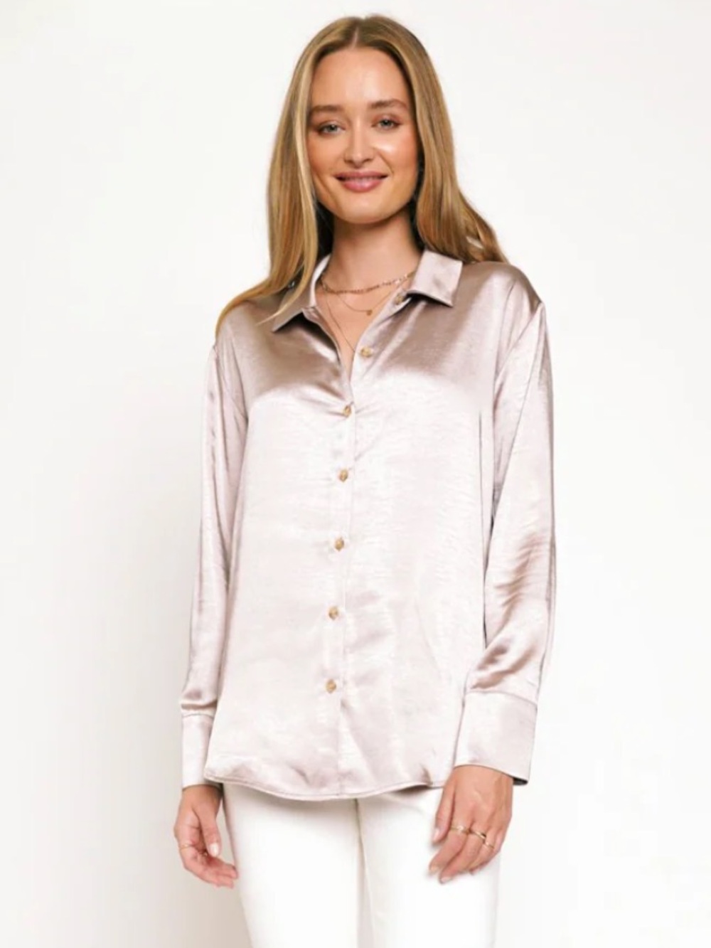 GeeGee Champagne Satin Button Down Blouse